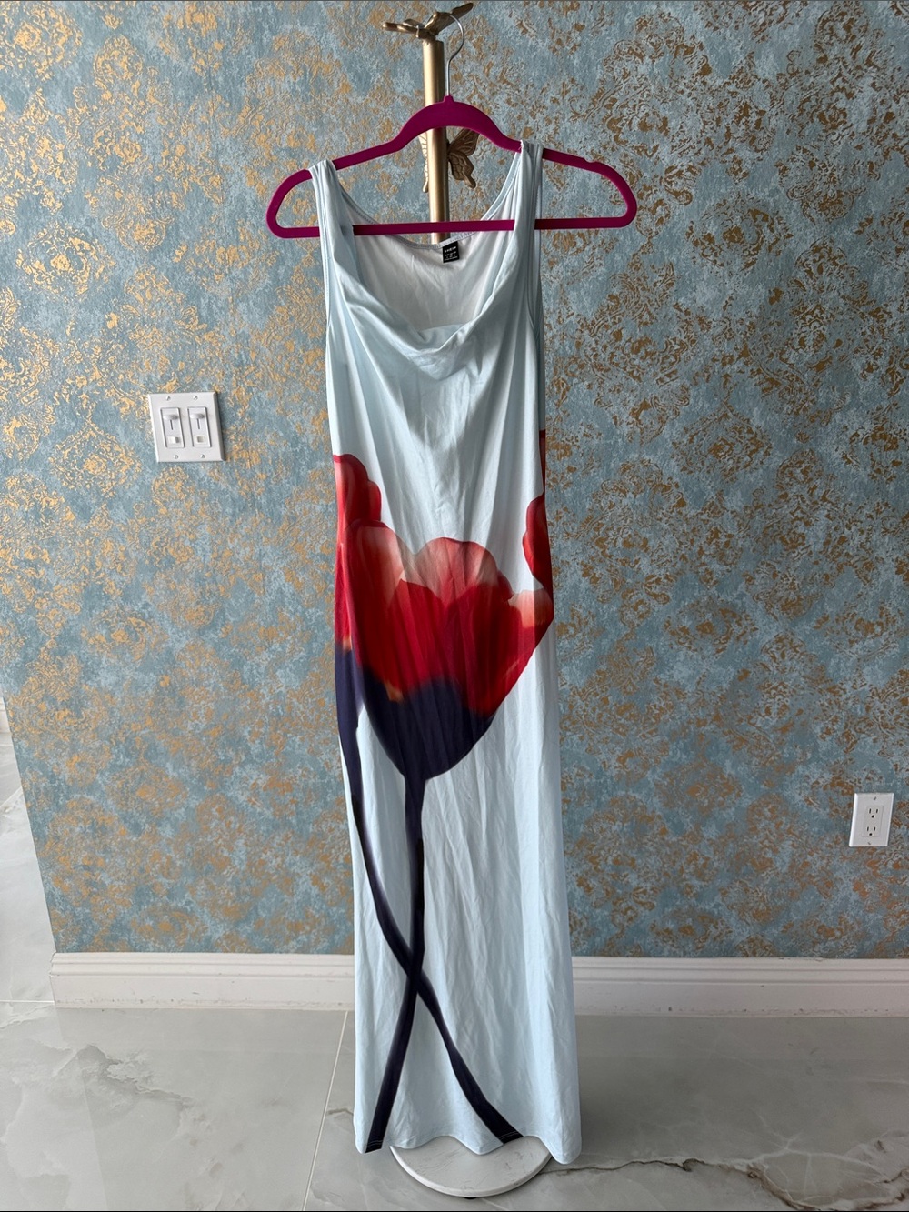 SHEIN Light Blue Maxi Dress with Red Floral Print